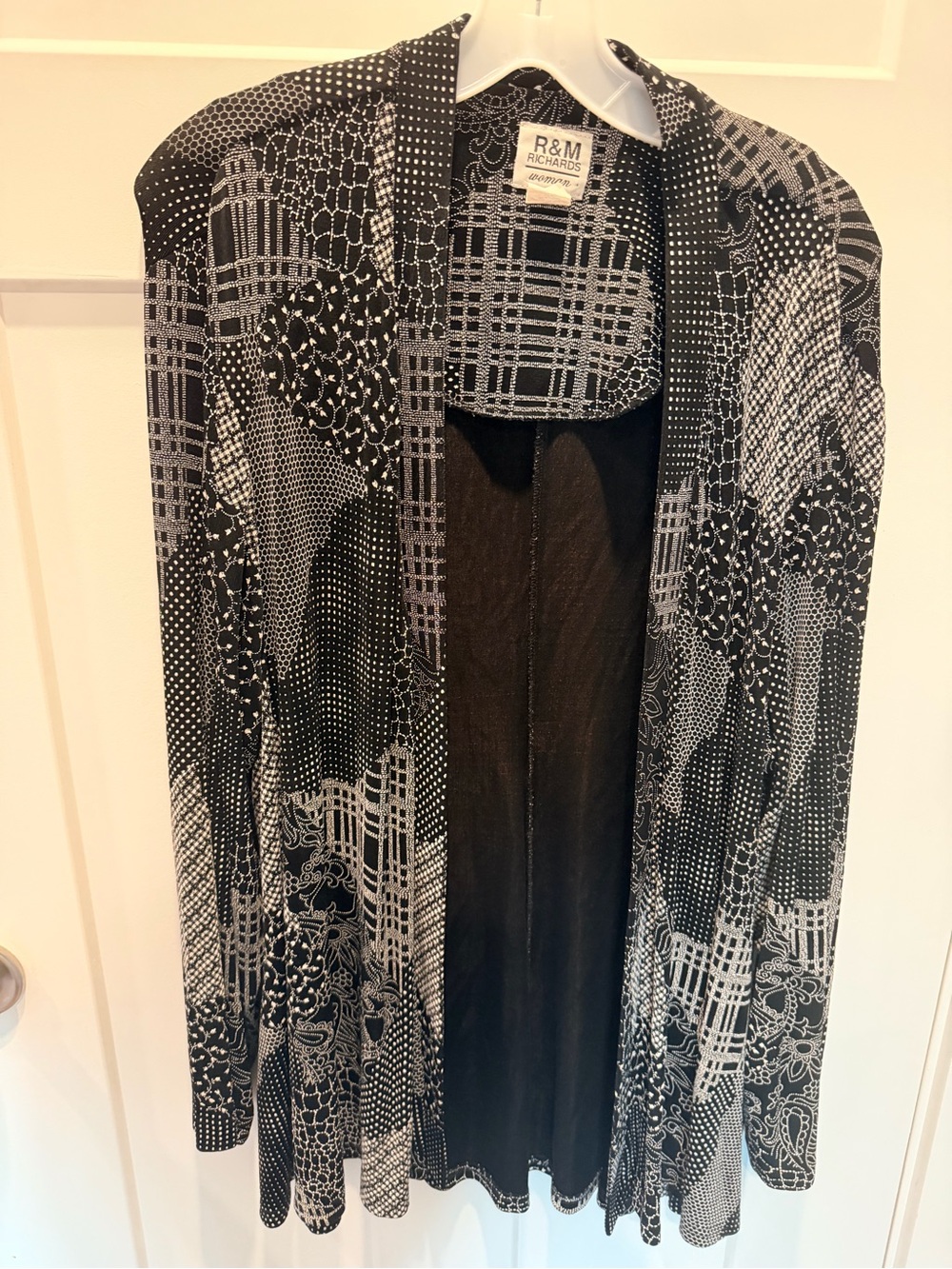 R&M Richards Woman 22W Black White Patchwork Print Long Jacket Plus Size